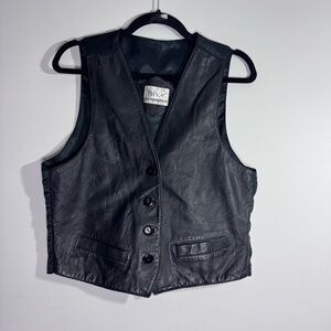 Vintage Black Leather Vest Women M Button Front Cropped Moto Biker Waistcoat